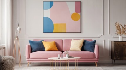 Abstract geometric shapes in soft pastel tones, adorning a living room wall with contemporary flair