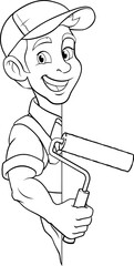 A painter decorator handyman cartoon construction man mascot character holding a paint roller tool