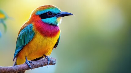 Close-up of a colorful bird on a branch, showcasing its joyful demeanor and bright feathers