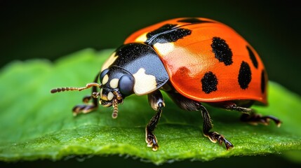 Fototapeta premium Close-up of a vibrant ladybug on a green leaf, showcasing its detailed features and bright colors