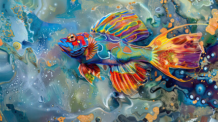 Mandarin Fish Gliding Through a Shimmering Underwater AI Generative