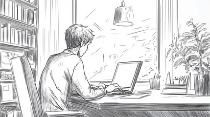 Minimalist Line Art Comic Panel of Person Working at Desk with Laptop in Bright Room