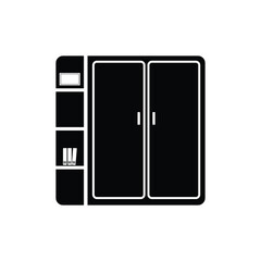 Wardrobe with shelves, black vector icon, in isolated white background