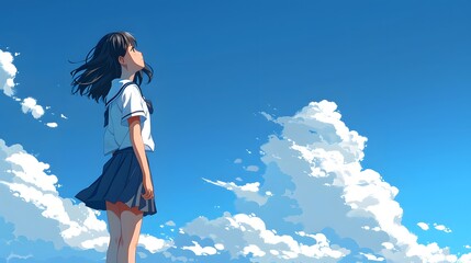 Japanese high school girl looking at a blue cloudy sky background