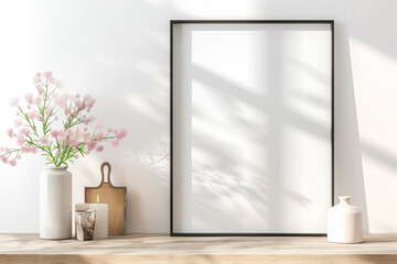 minimalist composition with blank canvas in a black frame, set against a backdrop of soft, natural light. The simple yet stylish decor