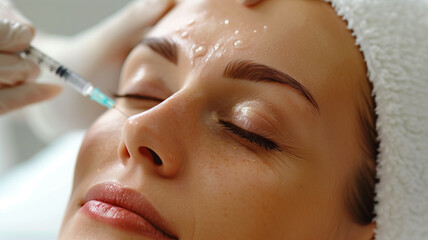 Close-up of a cosmetologist injecting a dermal filler under a woman's eye. Perfect for beauty, skincare, and cosmetic treatment themes.