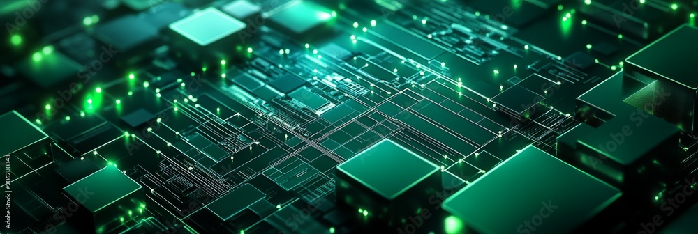 Poster abstract background with green glowing lines and cubes on a dark background