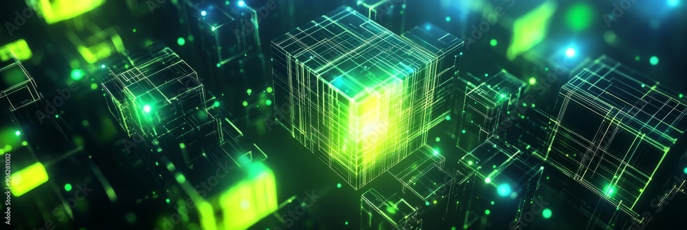 Aufkleber abstract background with green glowing lines and cubes on a dark background