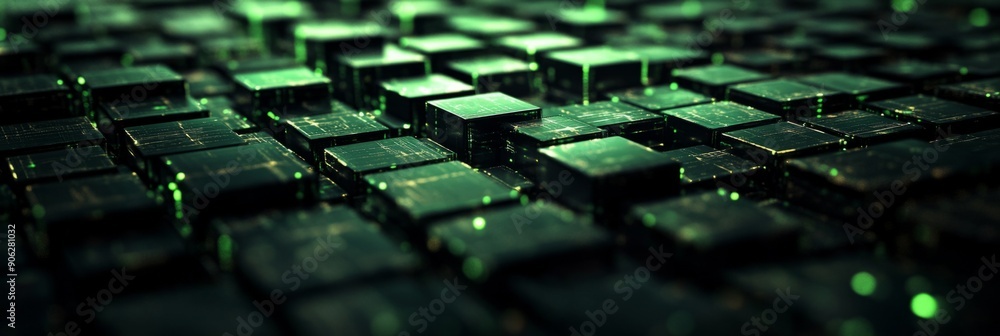 Aufkleber abstract background with green glowing lines and cubes on a dark background
