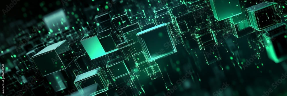 Aufkleber abstract background with green glowing lines and cubes on a dark background