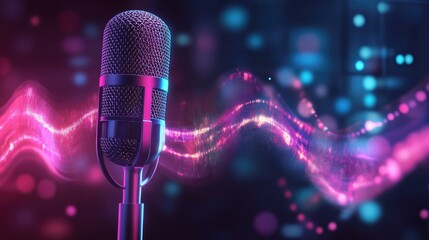 Podcast illustration with a microphone and abstract voice recording wave, highlighting audio creativity