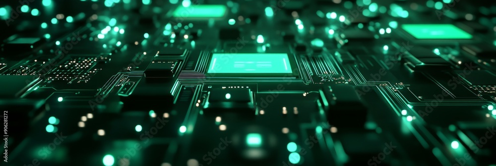 Poster abstract background with green glowing lines and cubes on a dark background