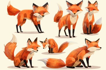 Illustration set of cute red fox illustrations in various poses and expressions