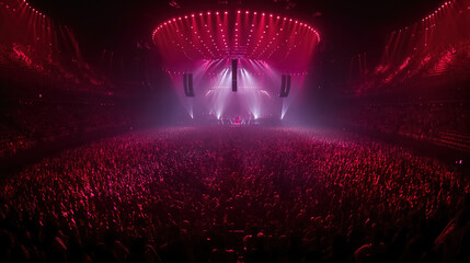 Massive concert with a crowd bathed in red lighting, featuring a grand stage and dynamic atmosphere.