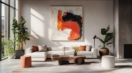 Spacious living room with a striking abstract painting, cozy seating arrangement, and plants adding a touch of greenery