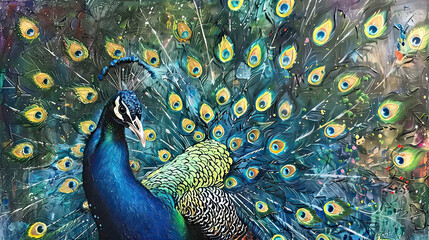 Fototapeta premium Peacock Spreading Its Majestic Feathers in a Dazzling AI Generative