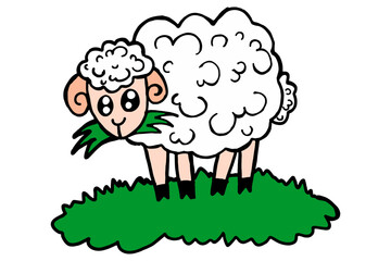 Cute Cartoon Character Sheep Eating Grass