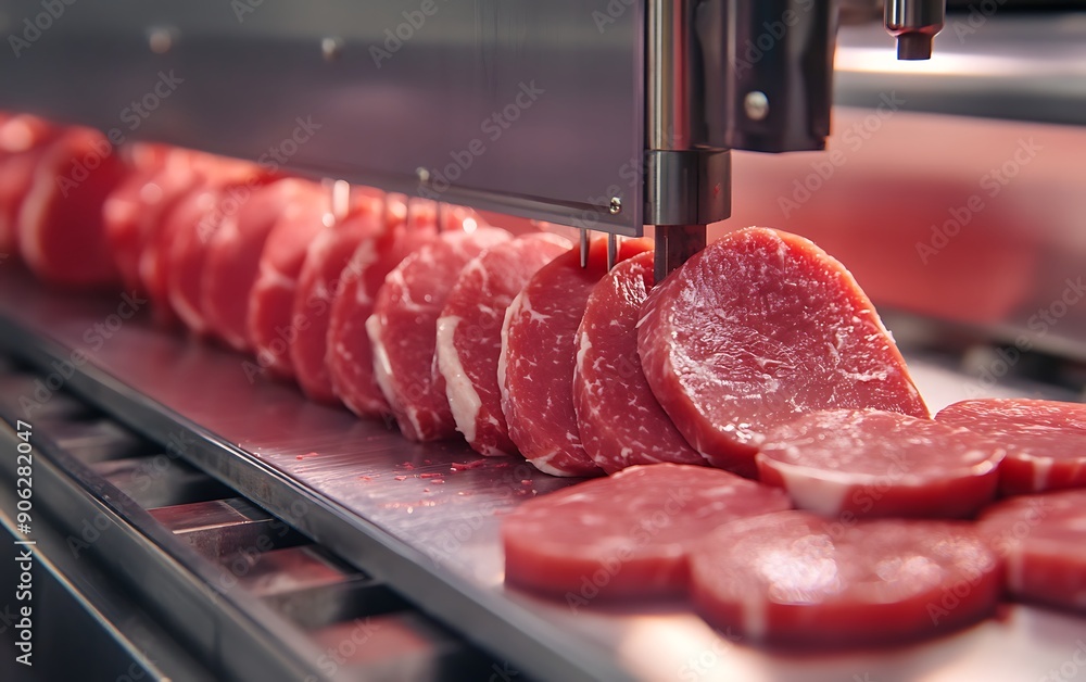 Poster close-up of food production machine precisely slicing meat for packaging
