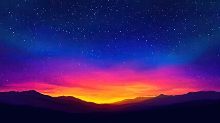 Fototapeta premium Vibrant gradient sky at night, merging sunset colors with a starry night, showcasing nature's beauty