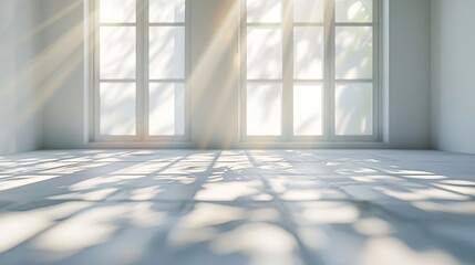 Fototapeta premium Abstract White Studio Background for Product Presentation with Window Shadows and Sunlight Blurred Backdrop Empty Room With Copy Space : Generative AI