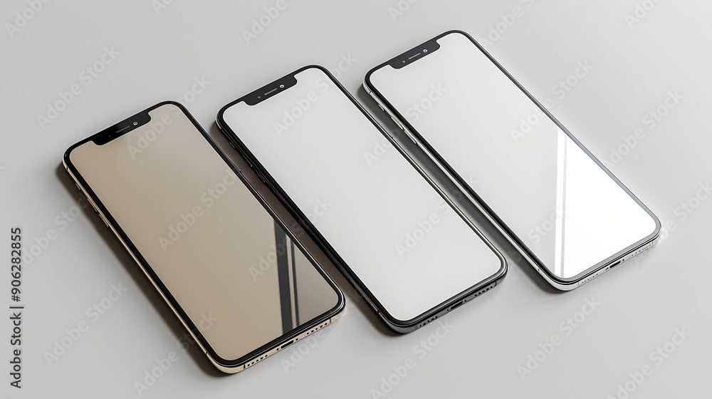 Poster flat rays collection of smartphone mockup blank screen isolated with clipping path on white background : Generative AI