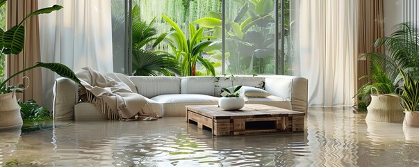 A living room with a sofa, coffee table, and plants, partially flooded