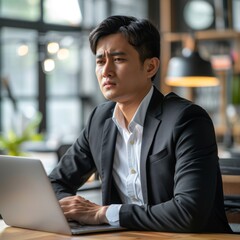 Fototapeta premium Asian Businessman Experiencing Back Pain After Working Late in the Office with a Laptop, a Common Struggle in the Corporate World.