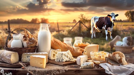A farm table laden with milk, cheese, and fresh bread, with a cow and a sunset in the background