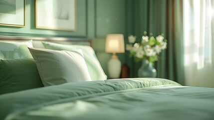 Comfortable sage green bed in room Interior design : Generative AI