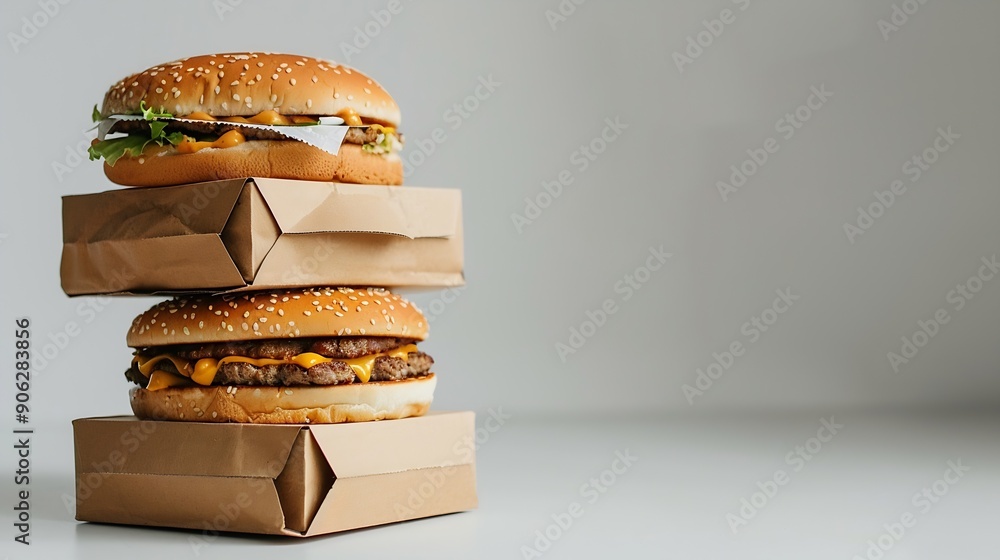 Poster stack of fast food boxes on white background : generative ai