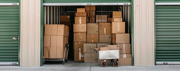 A storage unit with an open green door, revealing neatly stacked cardboard boxes inside, with a pushcart holding more boxes in the foreground