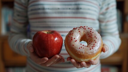 A pregnant woman is holding a red apple and donut Choice of food : Generative AI