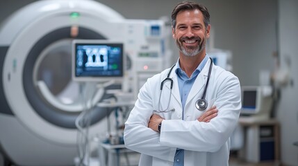 Portrait of a smiling male doctor standing confidently in high-tech hospital