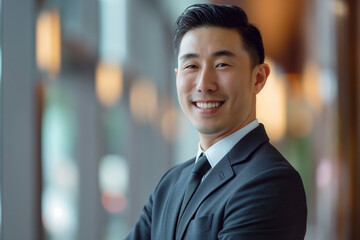 happy young asian businessman in a suit smiling proudly into the camera