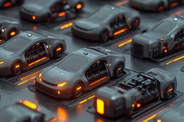 Fototapeta premium A bunch of car battery cells arranged in the shape of an electric vehicle, showing how many vehicles can be designed with one cell.