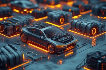Fototapeta premium A bunch of car battery cells arranged in the shape of an electric vehicle, showing how many vehicles can be designed with one cell.