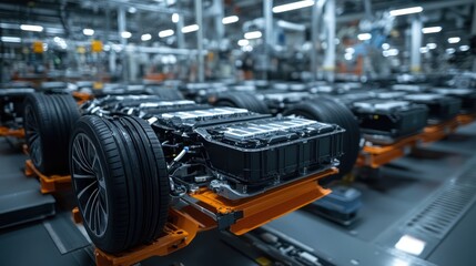 Fototapeta premium A large number of battery pack cells were arranged in rows on the floor, with each cell mounted to one side or both sides of an electric vehicle's wheel frame
