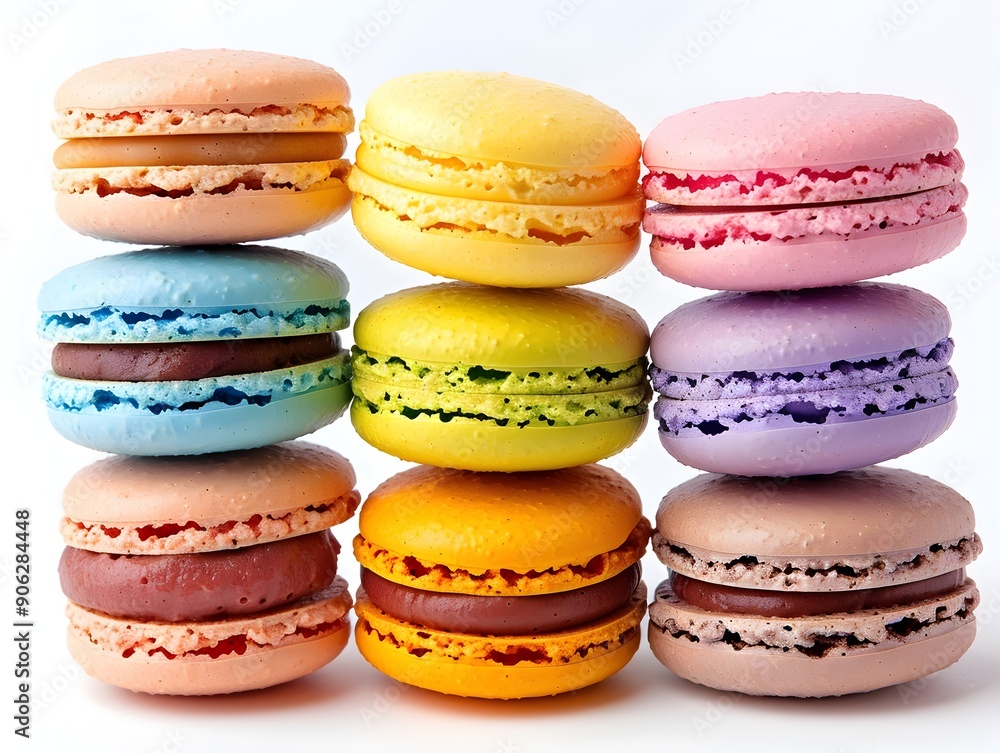 Poster stacked colorful macarons on white background with copy space