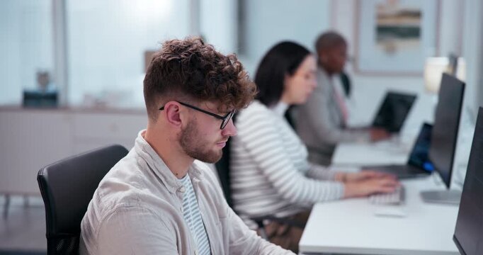 Working, computer and business man at desk for online report, multimedia design or project proposal. Digital agency, professional and employee for development, networking or email marketing in office