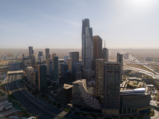 Drone view of KAFD in the morning haze Saudi Arabia Riyadh