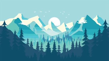 Stylized vector illustration mountain landscape during day. Snowcapped peaks, pine forest below, birds flying, serene mood. Graphic design poster nature scene, cool color palette, tranquil scenery