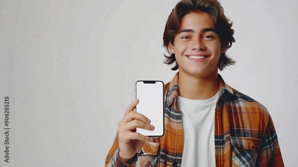 Poster Handsome young man holding a smartphone mockup with a blank screen and smiling on a white background Celebrating success Gadget with empty space for mockup banner app : Generative AI