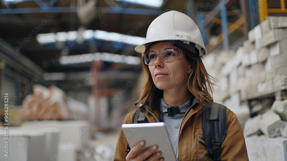 Poster female engineer with digital tablet at construction site factory foreman worker in hardhat at the pr