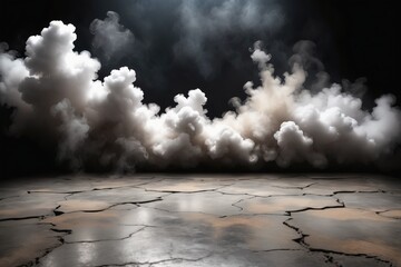 Empty smoked dark room with aged crack concrete  floor and wall