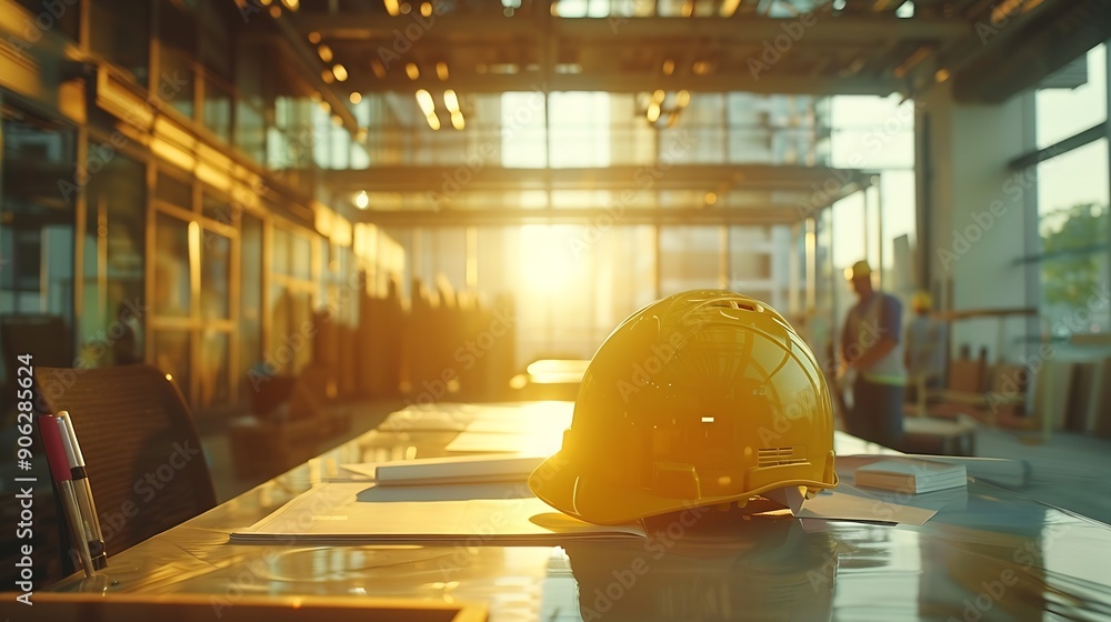 Poster construction team shake hands greeting start new project plan behind yellow helmet on desk in office