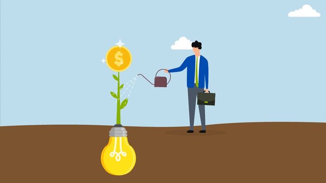 Monetize idea, 4k animation of businessman watering of growing money coun plants from bulb idea.