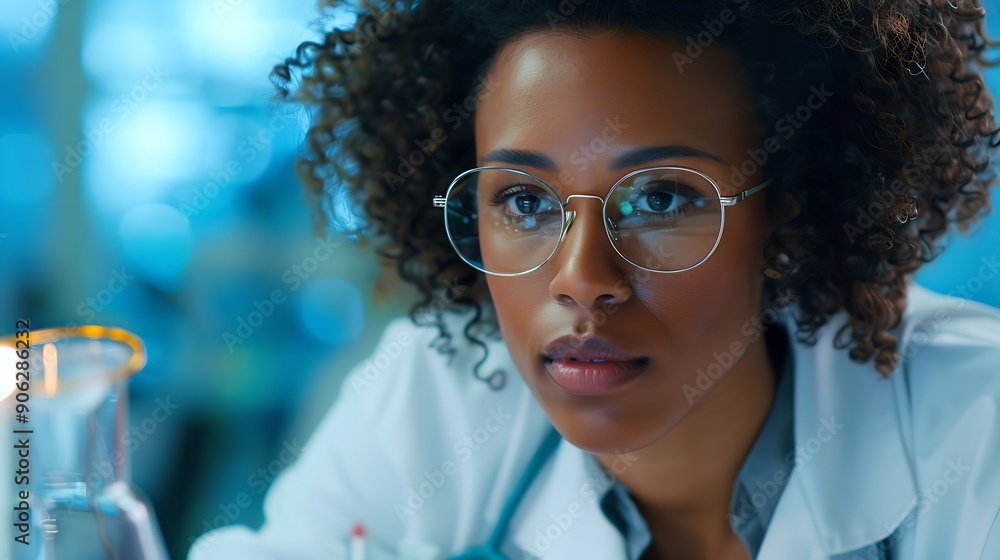Poster A focused african american woman scientist working on a computer in a laboratory setting : Generative AI