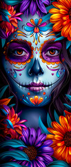 Naklejka premium A woman's face is painted with a skull and flowers. The skull is blue and purple, and the flowers are orange and purple. The painting has a colorful and vibrant feel to it, with the skull