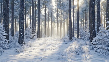 Photorealistic Dense Pine Forest During Winter with Snow-Covered Trees