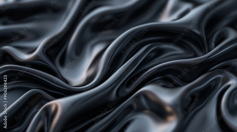 Aufkleber Black gray satin dark fabric texture luxurious shiny that is abstract silk cloth panorama background with patterns soft waves blur beautiful : Generative AI